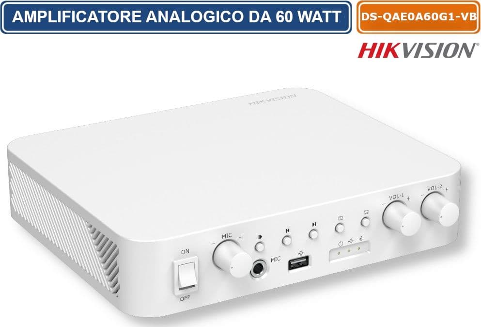 HIKVISION AUDIO DS-QAE0A60G1-VB AMPLIFICATORE ANALOGICO DA 60W CON INGRESSI BLUETOOTH, USB, RCA E MICROFONO PER SISTEMI DI DIFFUSIONE SONORA
