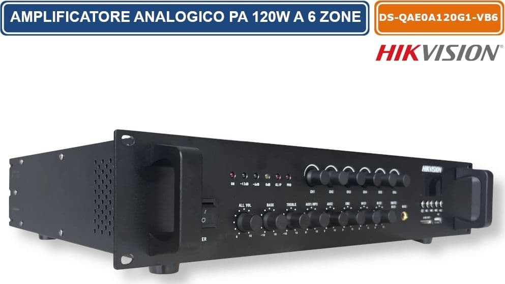 HIKVISION DS-QAE0A120G1-VB6/EU AMPLIFICATORE ANALOGICO PA 120W A 6 ZONE CON BLUETOOTH, USB, CONTROLLO VOLUME INDIPENDENTE E MONTAGGIO A RACK - 2