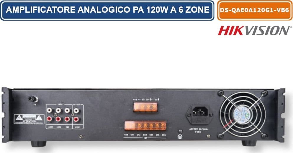 HIKVISION DS-QAE0A120G1-VB6/EU AMPLIFICATORE ANALOGICO PA 120W A 6 ZONE CON BLUETOOTH, USB, CONTROLLO VOLUME INDIPENDENTE E MONTAGGIO A RACK - 3