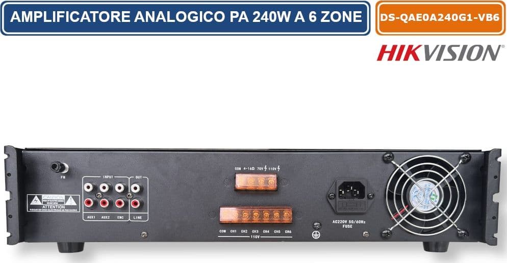 HIKVISION DS-QAE0A240G1-VB6/EU AMPLIFICATORE PA ANALOGICO A 6 ZONE DA 240 W CON BLUETOOTH, USB, CONTROLLO DEL VOLUME INDIPENDENTE E MONTAGGIO RACK - 3