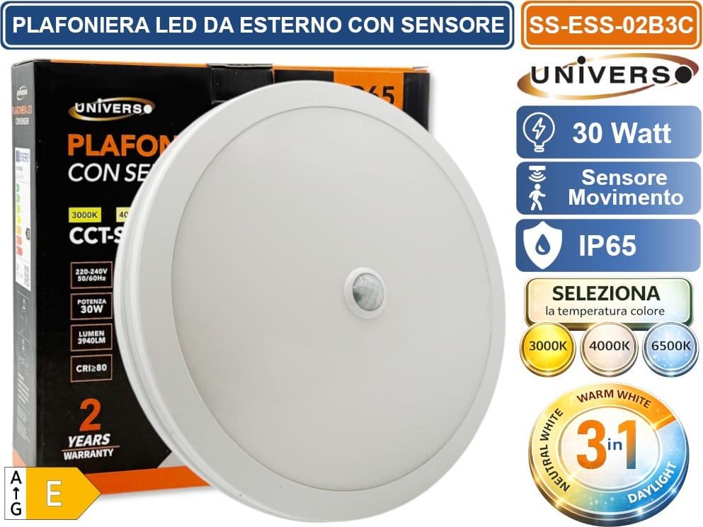 UNIVERSO SS-ESS-02B3C PLAFONIERA SMD LED CIRCOLARE 30W CON SENSORE DI MOVIMENTO E SWITCH CCT PER SELEZIONE LUCE 3000K/4000K/6500K IP65 DA ESTERNO