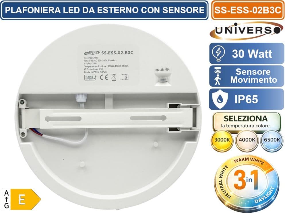 UNIVERSO SS-ESS-02B3C PLAFONIERA SMD LED CIRCOLARE 30W CON SENSORE DI MOVIMENTO E SWITCH CCT PER SELEZIONE LUCE 3000K/4000K/6500K IP65 DA ESTERNO - 5
