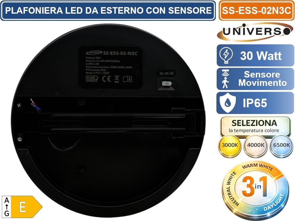 UNIVERSO SS-ESS-02N3C PLAFONIERA SMD LED CIRCOLARE 30W CON SENSORE DI MOVIMENTO E SWITCH CCT PER SELEZIONE LUCE 3000K/4000K/6500K IP65 DA ESTERNO - 4