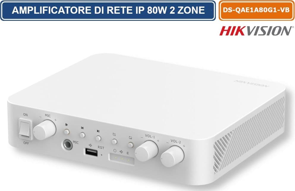 HIKVISION DS-QAE1A80G1-VB AMPLIFICATORE DI RETE AUDIO IP DA 80W A 2 ZONE CON BLUETOOTH, USB, CONTROLLO VOLUME INDIPENDENTE E SUPPORTO HIKCENTRAL - 2