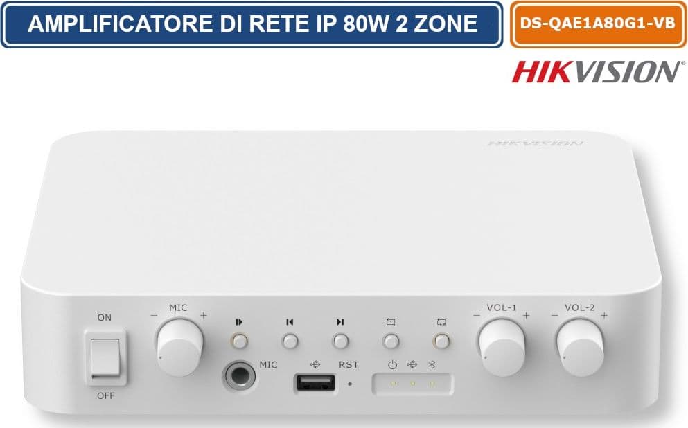 HIKVISION DS-QAE1A80G1-VB AMPLIFICATORE DI RETE AUDIO IP DA 80W A 2 ZONE CON BLUETOOTH, USB, CONTROLLO VOLUME INDIPENDENTE E SUPPORTO HIKCENTRAL - 3
