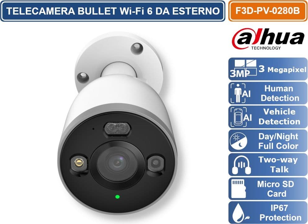 DAHUA DH-F3D-PV TELECAMERA WI-FI 6 BULLET 3MP RILEVAMENTO PERSONE E VEICOLI, SIRENA E LUCI ALLARME AUDIO MICROSD IP67 - 2