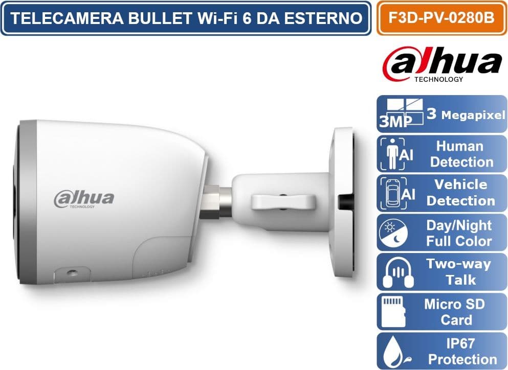 DAHUA DH-F3D-PV TELECAMERA WI-FI 6 BULLET 3MP RILEVAMENTO PERSONE E VEICOLI, SIRENA E LUCI ALLARME AUDIO MICROSD IP67 - 3