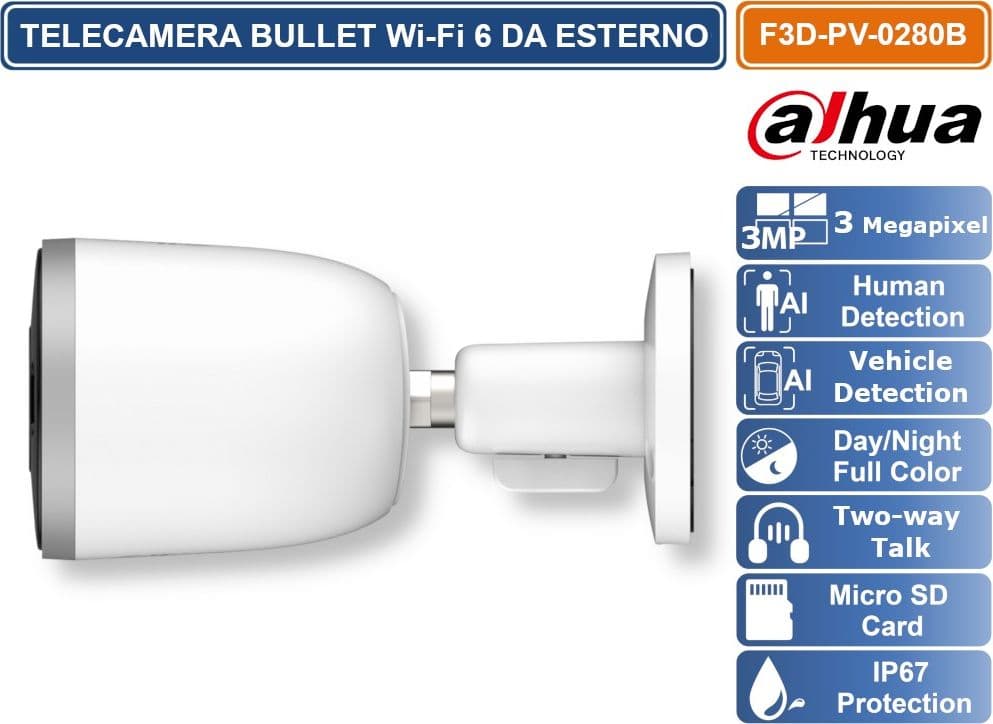 DAHUA DH-F3D-PV TELECAMERA WI-FI 6 BULLET 3MP RILEVAMENTO PERSONE E VEICOLI, SIRENA E LUCI ALLARME AUDIO MICROSD IP67 - 4