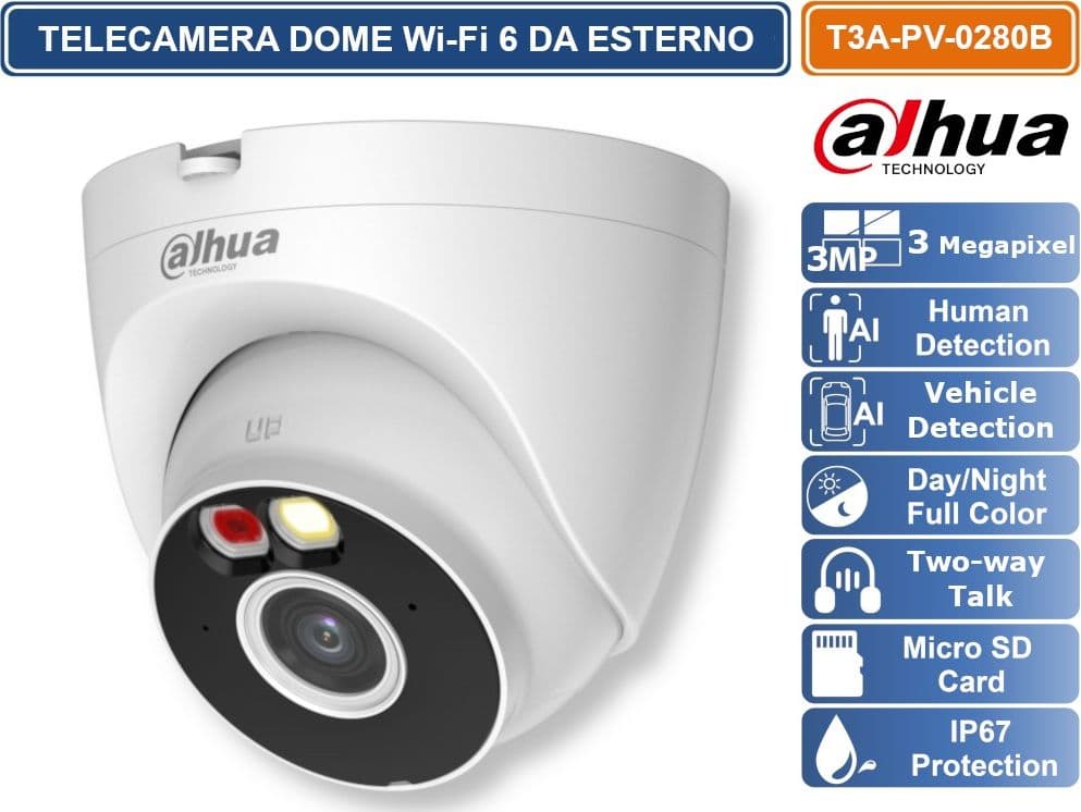 DAHUA DH-T3A-PV TELECAMERA WI-FI 6 DOME 3MP RILEVAMENTO PERSONE E VEICOLI, SIRENA E LUCI ALLARME AUDIO MICROSD IP67 - 2