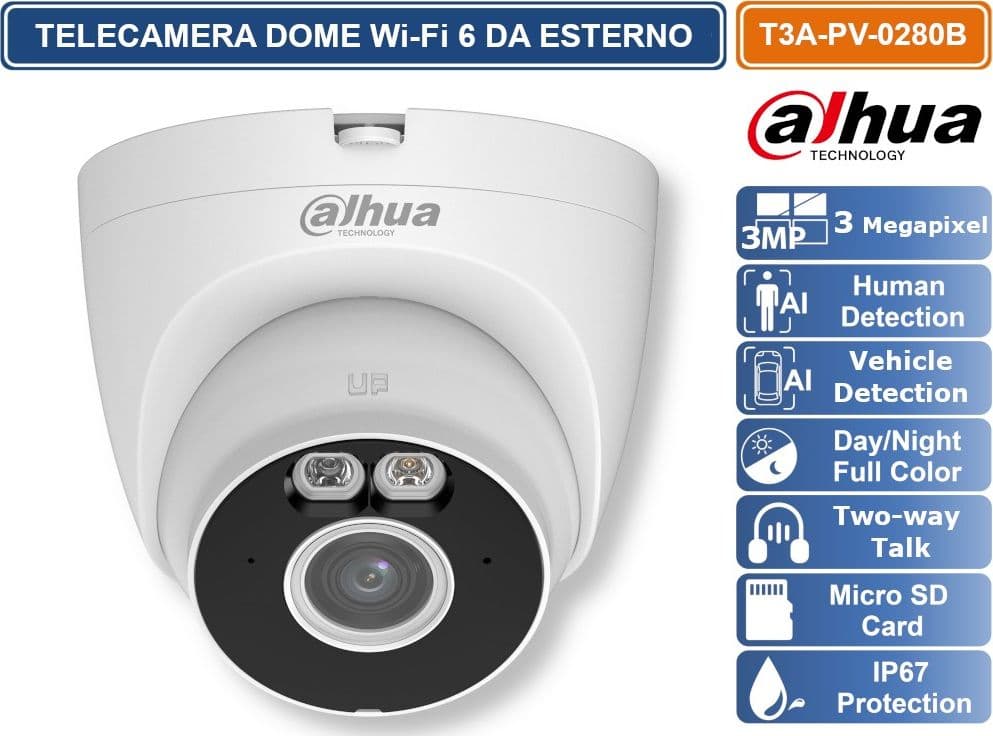 DAHUA DH-T3A-PV TELECAMERA WI-FI 6 DOME 3MP RILEVAMENTO PERSONE E VEICOLI, SIRENA E LUCI ALLARME AUDIO MICROSD IP67 - 3