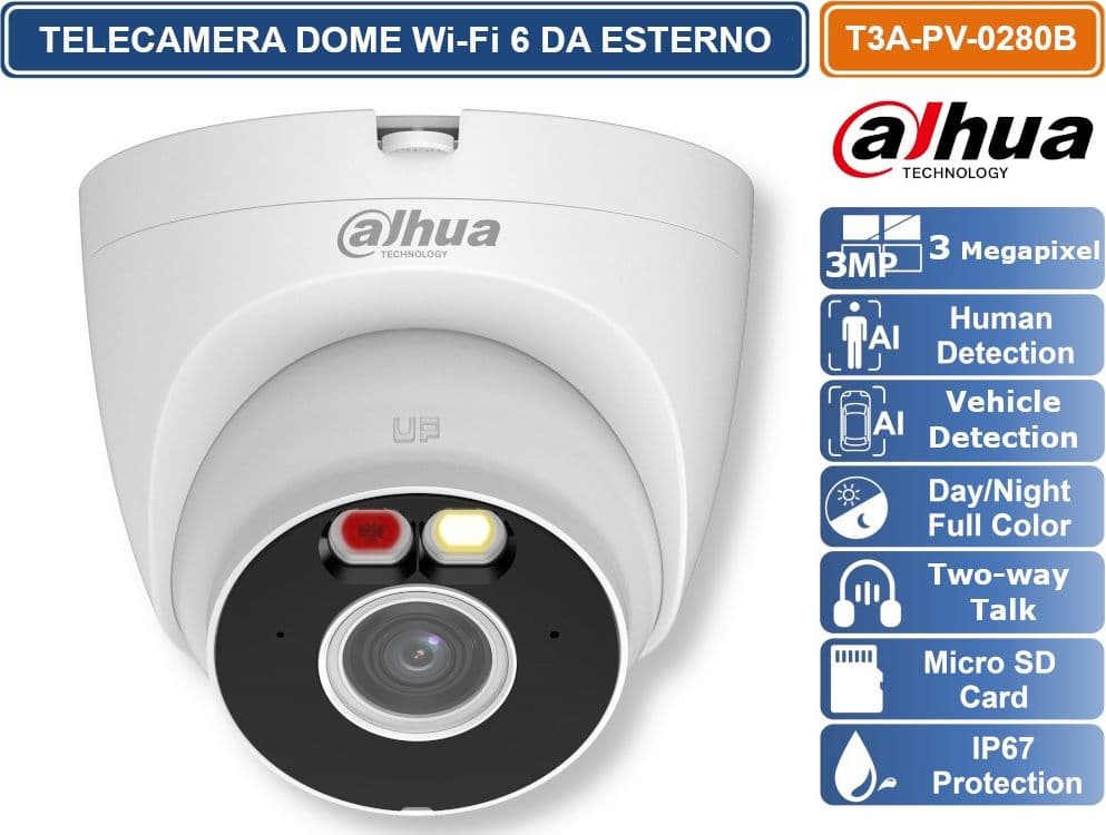 DAHUA DH-T3A-PV TELECAMERA WI-FI 6 DOME 3MP RILEVAMENTO PERSONE E VEICOLI, SIRENA E LUCI ALLARME AUDIO MICROSD IP67 - 4