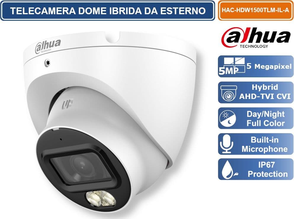 DAHUA DH-HAC-HDW1500TLM-IL-A TELECAMERA DOME IBRIDA SMART DUAL LIGHT MICROFONO INTEGRATO E VISIONE NOTTURNA 30M – IP67 PER ESTERNO