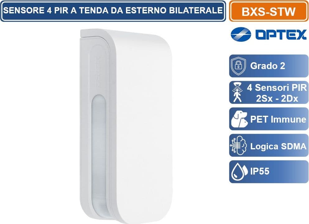 OPTEX BXS-STW SENSORE RILEVATORE A TENDA CABLATO 4 PIR DESTRA SINISTRA INDIPENDENTI  PORTATA 12M + 12M DA ESTERNO IP55 - 2