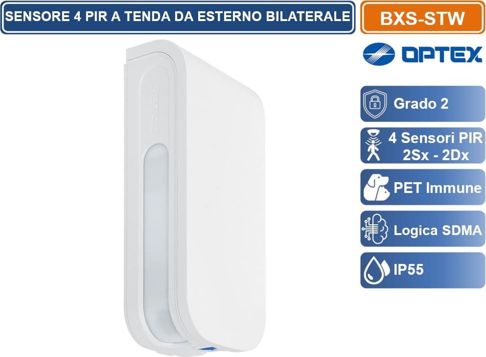 OPTEX BXS-STW SENSORE RILEVATORE A TENDA CABLATO 4 PIR DESTRA SINISTRA INDIPENDENTI  PORTATA 12M + 12M DA ESTERNO IP55 - 3