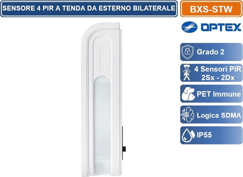 OPTEX BXS-STW SENSORE RILEVATORE A TENDA CABLATO 4 PIR DESTRA SINISTRA INDIPENDENTI  PORTATA 12M + 12M DA ESTERNO IP55 - 4