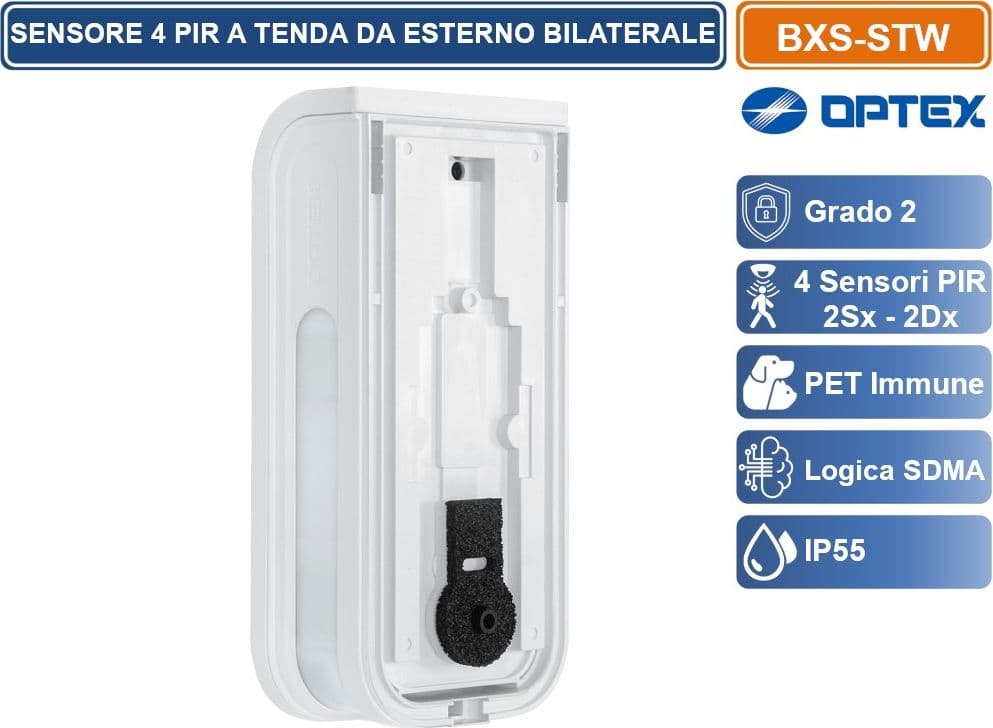 OPTEX BXS-STW SENSORE RILEVATORE A TENDA CABLATO 4 PIR DESTRA SINISTRA INDIPENDENTI  PORTATA 12M + 12M DA ESTERNO IP55 - 5