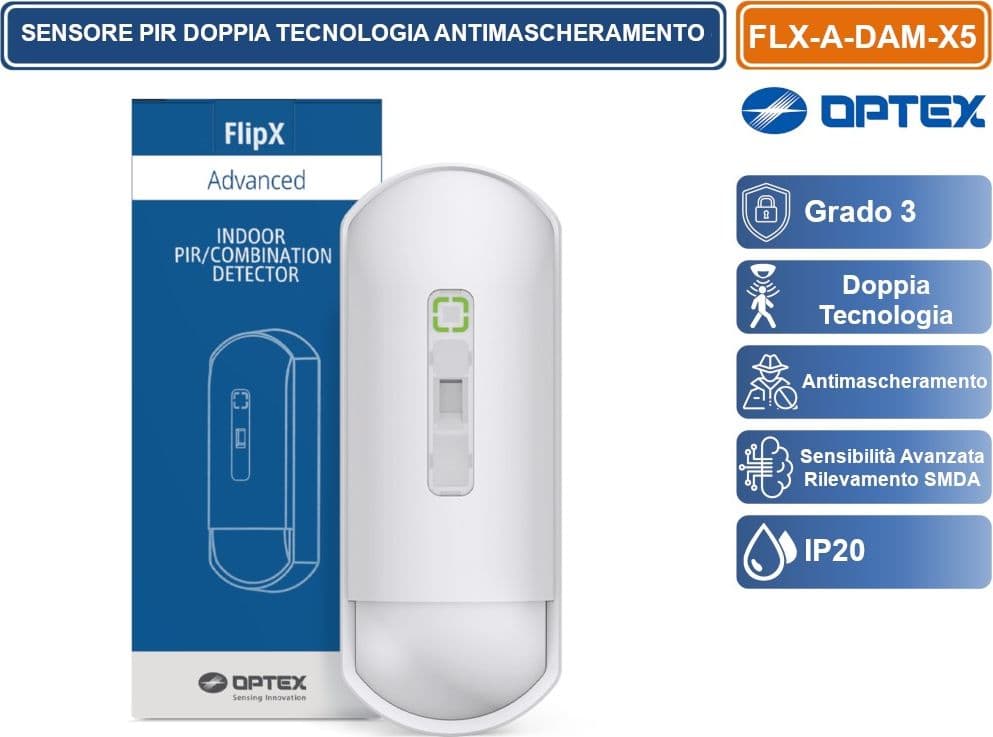 OPTEX FLX-A-DAM-X5 SENSORE RILEVATORE CABLATO DOPPIA TECNOLOGIA GRADO 3 ANTIMASCHERAMENTO LENTE RUOTABILE 15/24M DA INTERNO
