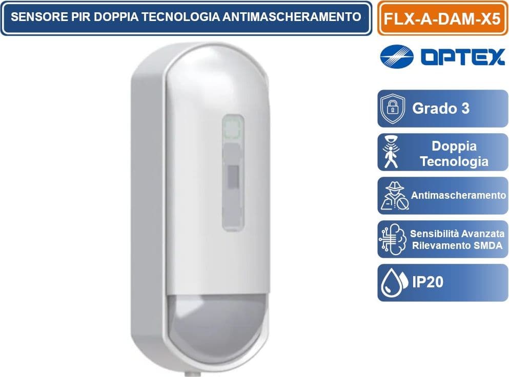 OPTEX FLX-A-DAM-X5 SENSORE RILEVATORE CABLATO DOPPIA TECNOLOGIA GRADO 3 ANTIMASCHERAMENTO LENTE RUOTABILE 15/24M DA INTERNO - 3