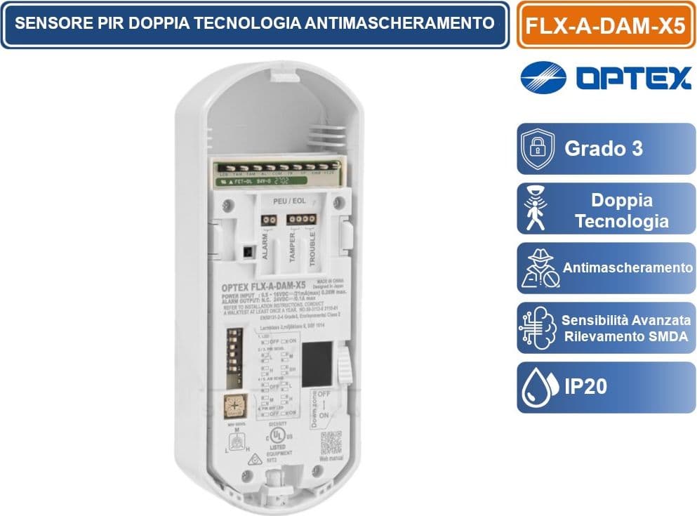 OPTEX FLX-A-DAM-X5 SENSORE RILEVATORE CABLATO DOPPIA TECNOLOGIA GRADO 3 ANTIMASCHERAMENTO LENTE RUOTABILE 15/24M DA INTERNO - 4