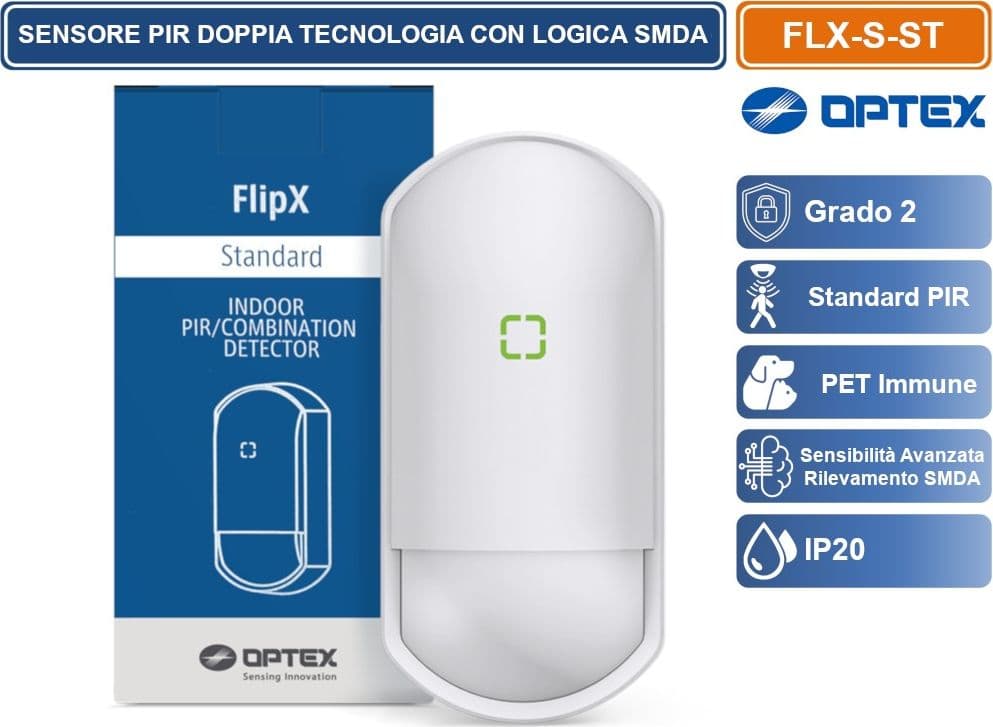 OPTEX FLX-S-ST SENSORE RILEVATORE CABLATO STANDARD PIR GRADO 2 LENTE RUOTABILE 12/18M DA INTERNO