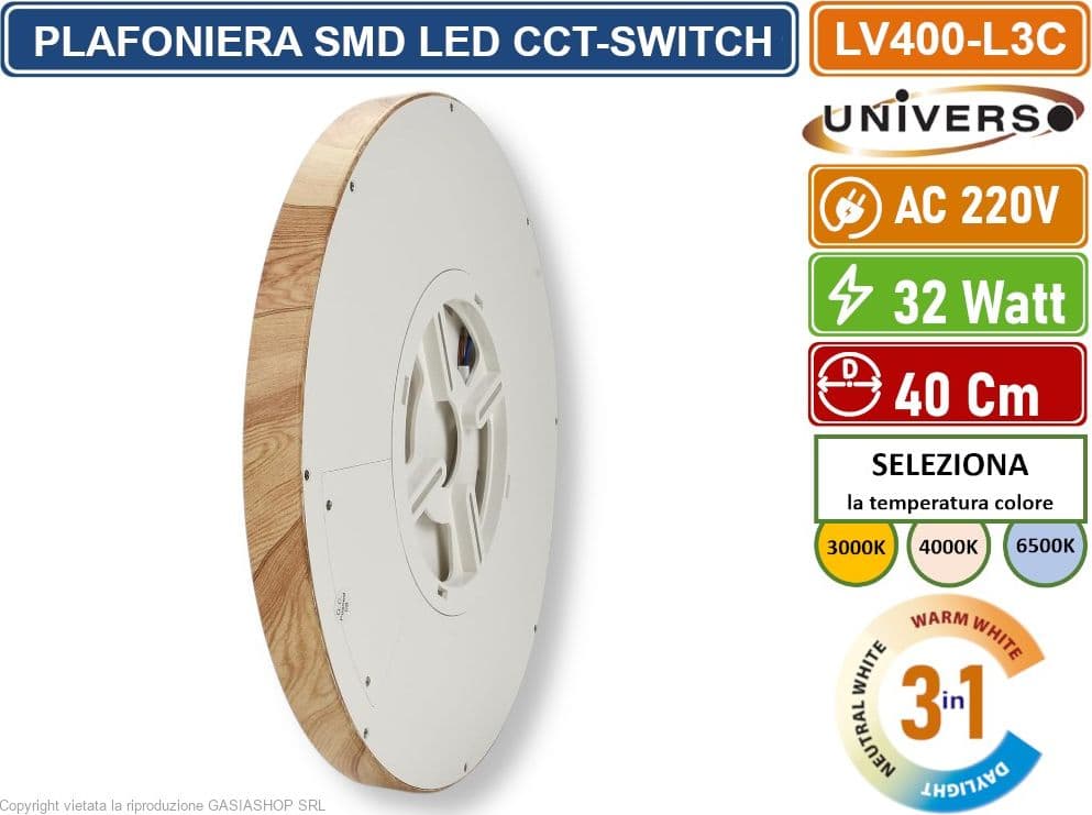 UNIVERSO LV-400-L3C PLAFONIERA ULTRA SLIM ROTONDA EFFETTO LEGNO SMD LED 32W  Ø40CM IP40 CCT 3 IN 1 CAMBIA COLORE LUCE - 5
