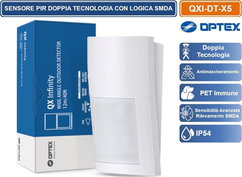 OPTEX QXI-DT-X5 SENSORE RILEVATORE CABLATO DA ESTERNO IP54 DOPPIA TECNOLOGIA 12M 120° ANTIBLOCCAGGIO