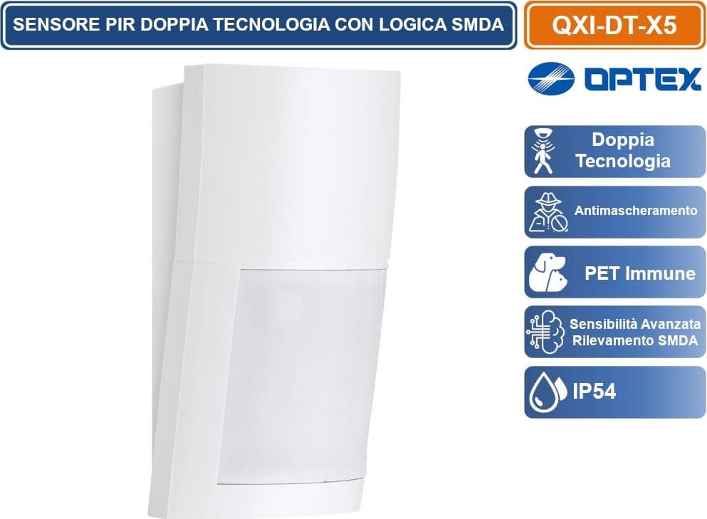 OPTEX QXI-DT-X5 SENSORE RILEVATORE CABLATO DA ESTERNO IP54 DOPPIA TECNOLOGIA 12M 120° ANTIBLOCCAGGIO - 2