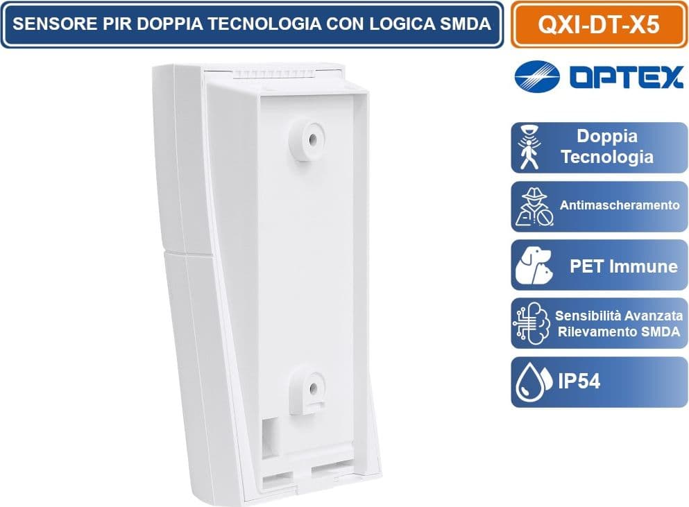 OPTEX QXI-DT-X5 SENSORE RILEVATORE CABLATO DA ESTERNO IP54 DOPPIA TECNOLOGIA 12M 120° ANTIBLOCCAGGIO - 5