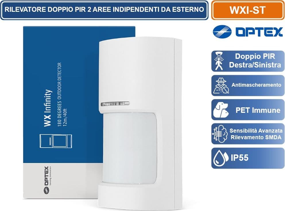OPTEX WXI-ST SENSORE RIVELATORE PASSIVO DI INFRAROSSI PER ESTERNO A DOPPIO FASCIO. PORTATA M 12 180°