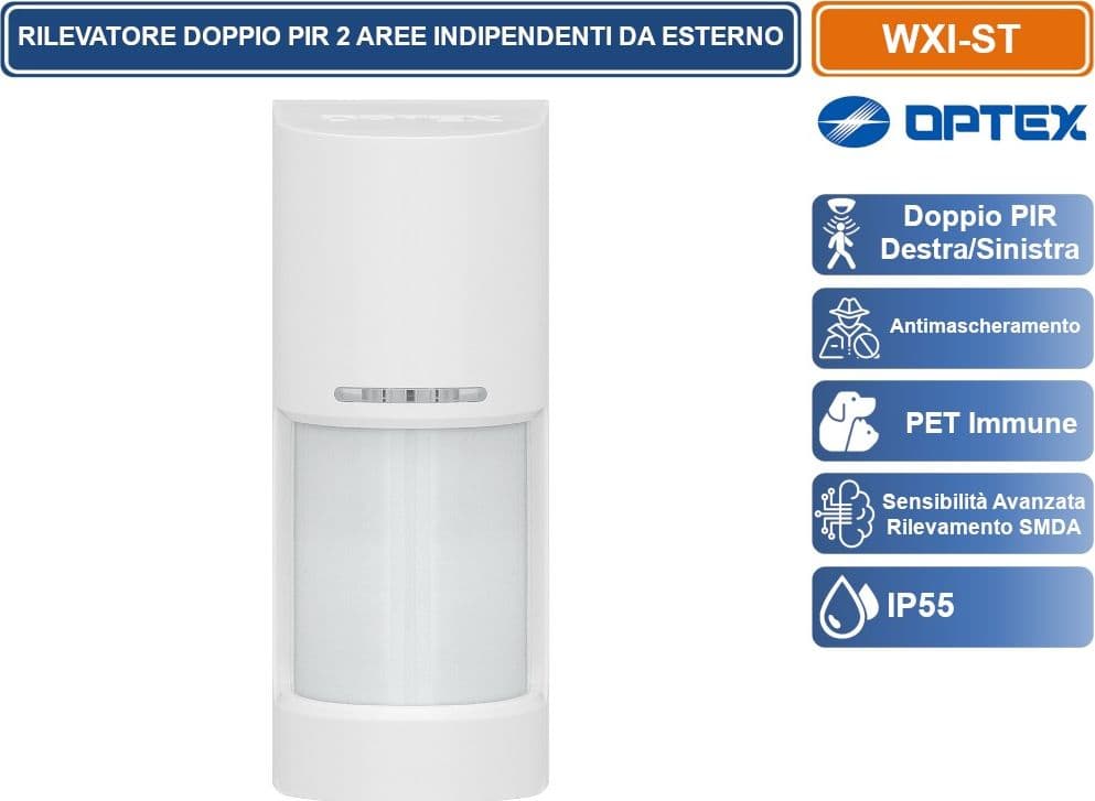 OPTEX WXI-ST SENSORE RIVELATORE PASSIVO DI INFRAROSSI PER ESTERNO A DOPPIO FASCIO. PORTATA M 12 180° - 4