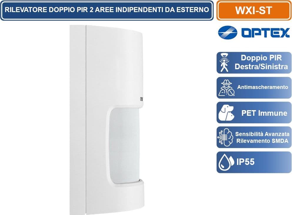 OPTEX WXI-ST SENSORE RIVELATORE PASSIVO DI INFRAROSSI PER ESTERNO A DOPPIO FASCIO. PORTATA M 12 180° - 5