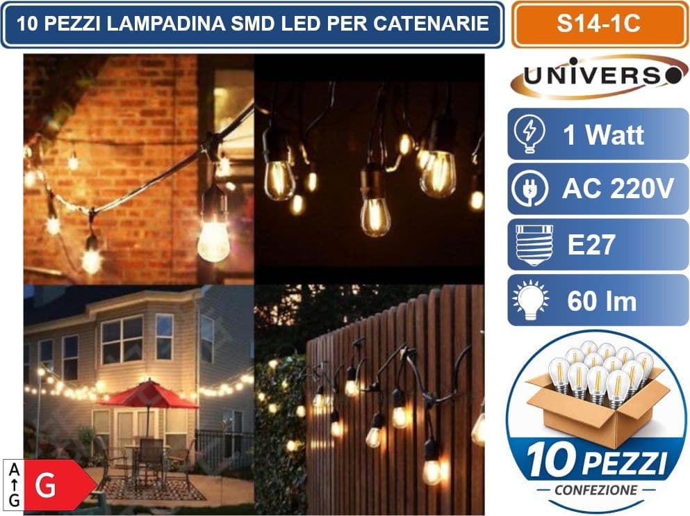 CONFEZIONE 10 PEZZI UNIVERSO S14-1C LAMPADINA LED SMD POTENZA 1W S14 AC220V 60LM IDEALE PER CATENARIE - 2