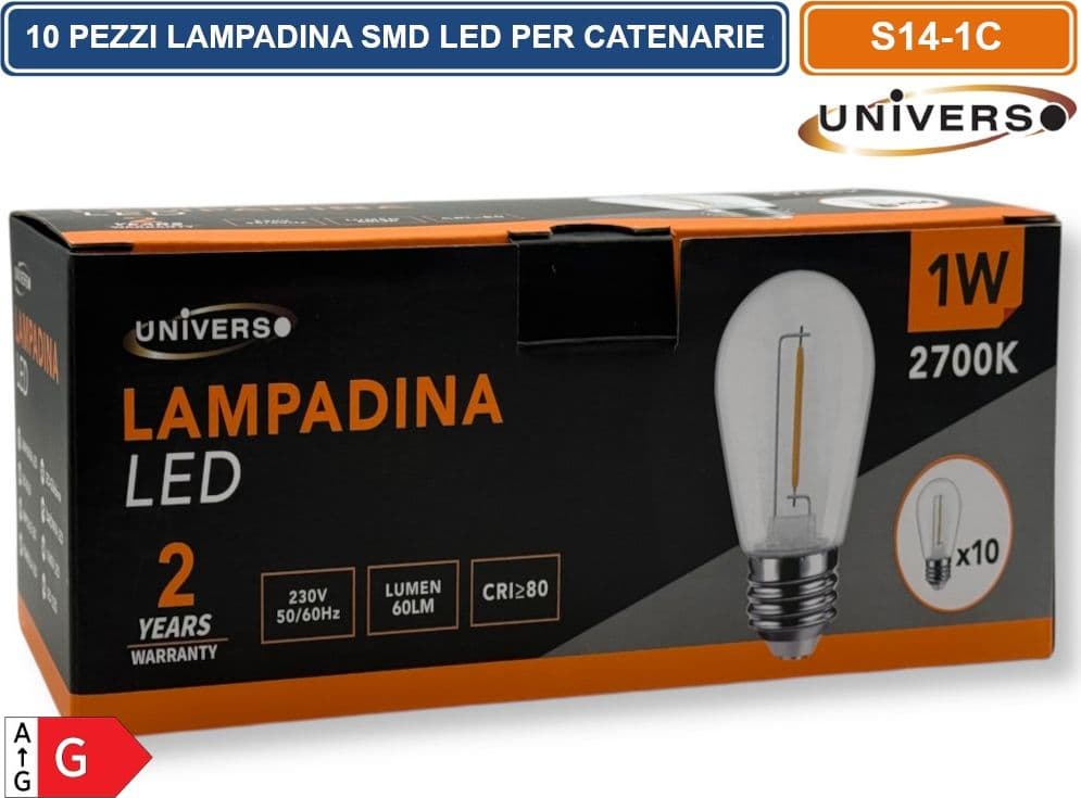 CONFEZIONE 10 PEZZI UNIVERSO S14-1C LAMPADINA LED SMD POTENZA 1W S14 AC220V 60LM IDEALE PER CATENARIE - 3
