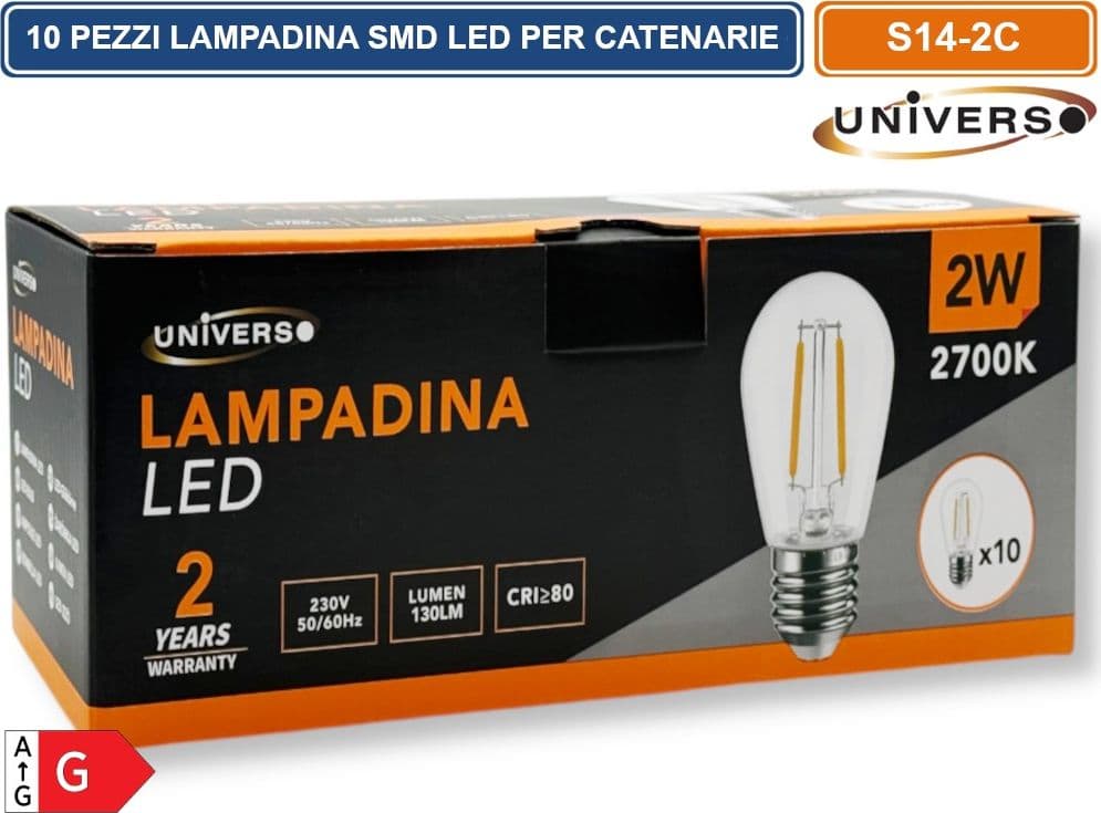 CONFEZIONE 10 PEZZI UNIVERSO S14-2C LAMPADINA LED SMD POTENZA 2W S14 AC220V 130LM IDEALE PER CATENARIE - 3