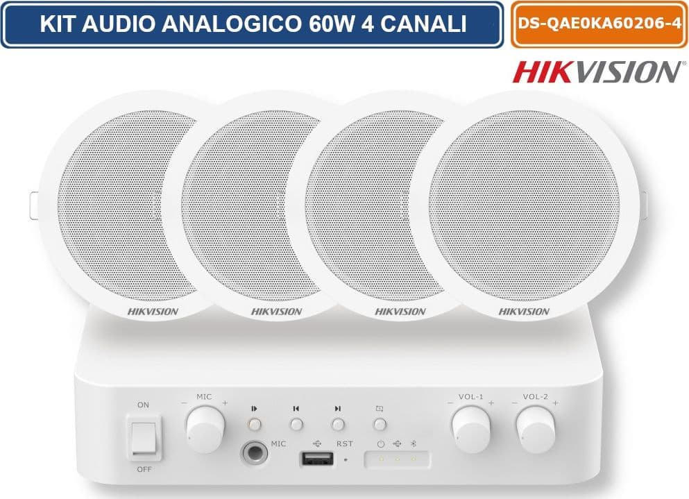 HIKVISION DS-QAE0KA60206-4 KIT AUDIO ANALOGICO PROFESSIONALE 60W 2 ZONE CON 4 DIFFUSORI DA SOFFITTO 6W – SISTEMA AUDIO 100V CON BLUETOOTH, USB E RCA