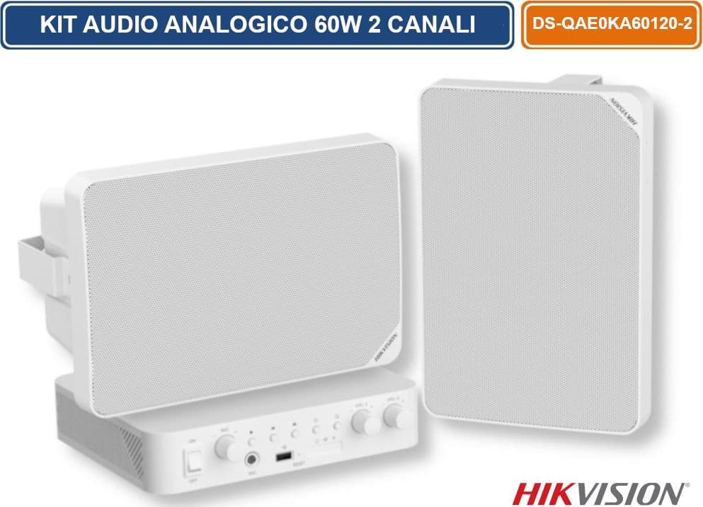 KIT AUDIO ANALOGICO PROFESSIONALE DS-QAE0KA60120-2 – AMPLIFICATORE 60W 2 ZONE CON 2 DIFFUSORI A CASSA 20W, BLUETOOTH, USB E RCA