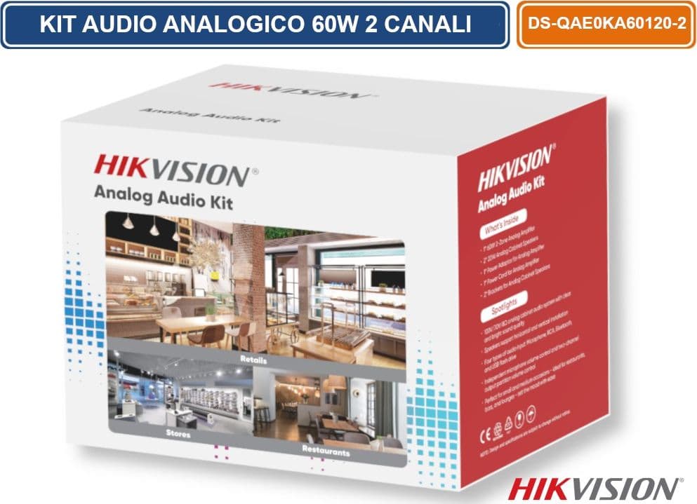 KIT AUDIO ANALOGICO PROFESSIONALE DS-QAE0KA60120-2 – AMPLIFICATORE 60W 2 ZONE CON 2 DIFFUSORI A CASSA 20W, BLUETOOTH, USB E RCA - 2