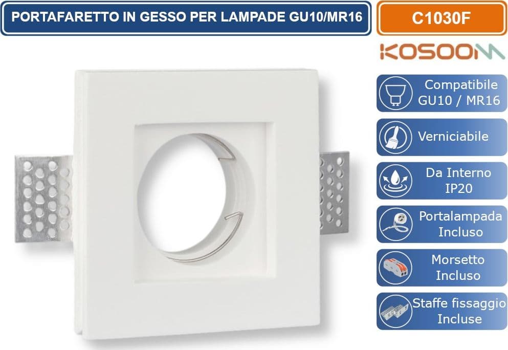 KOSOOM C1030F PORTAFARETTO QUADRATO SLIM DA INCASSO IN GESSO VRNICIABILE PER LAMPADINE GU10 MR16 - 2