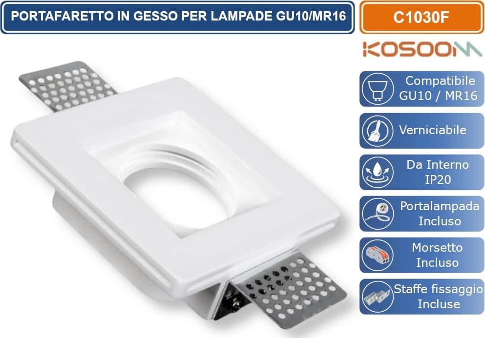 KOSOOM C1030F PORTAFARETTO QUADRATO SLIM DA INCASSO IN GESSO VRNICIABILE PER LAMPADINE GU10 MR16 - 3