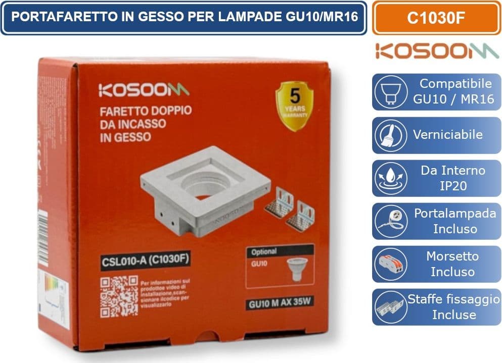 KOSOOM C1030F PORTAFARETTO QUADRATO SLIM DA INCASSO IN GESSO VRNICIABILE PER LAMPADINE GU10 MR16 - 4