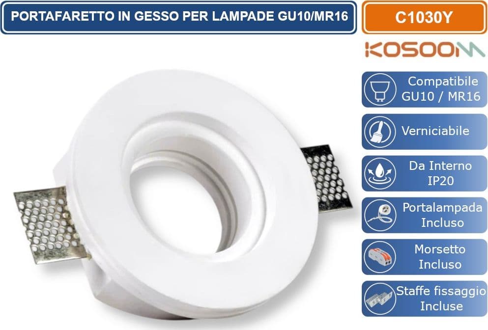 KOSOOM C1030Y PORTAFARETTO ROTONDO SLIM DA INCASSO IN GESSO VRNICIABILE PER LAMPADINE GU10 MR16 - 2