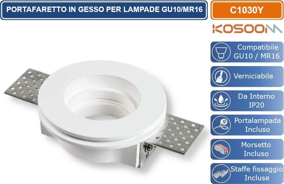 KOSOOM C1030Y PORTAFARETTO ROTONDO SLIM DA INCASSO IN GESSO VRNICIABILE PER LAMPADINE GU10 MR16 - 3