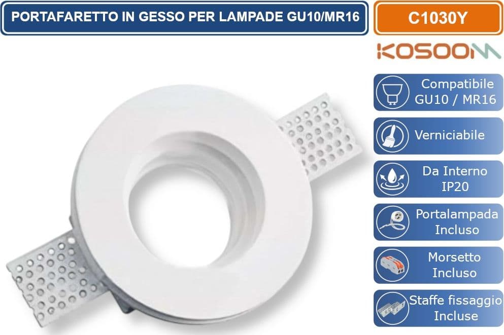 KOSOOM C1030Y PORTAFARETTO ROTONDO SLIM DA INCASSO IN GESSO VRNICIABILE PER LAMPADINE GU10 MR16 - 4