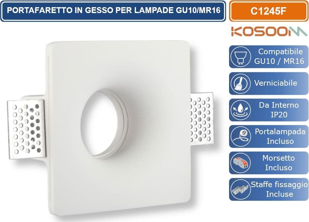 KOSOOM C1245F PORTAFARETTO QUADRATO DA INCASSO IN GESSO VRNICIABILE PER LAMPADINE GU10 MR16 - 2