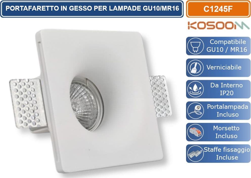 KOSOOM C1245F PORTAFARETTO QUADRATO DA INCASSO IN GESSO VRNICIABILE PER LAMPADINE GU10 MR16 - 3