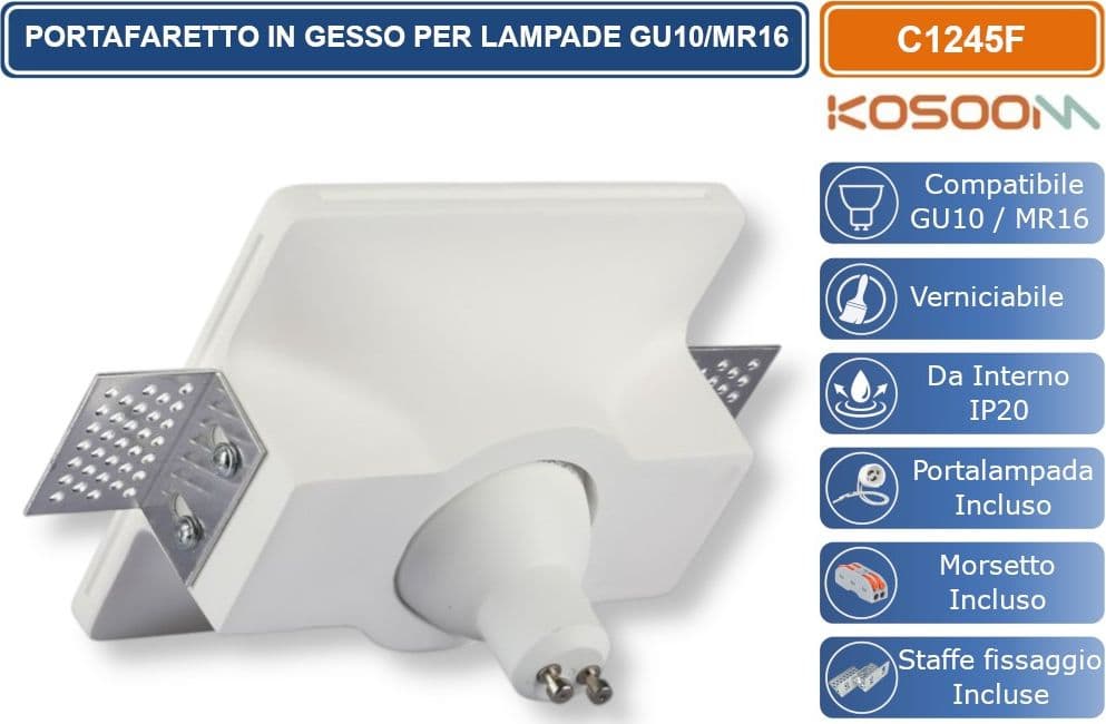 KOSOOM C1245F PORTAFARETTO QUADRATO DA INCASSO IN GESSO VRNICIABILE PER LAMPADINE GU10 MR16 - 4