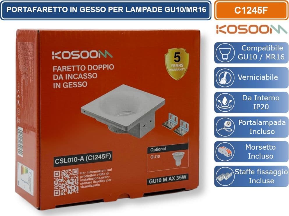 KOSOOM C1245F PORTAFARETTO QUADRATO DA INCASSO IN GESSO VRNICIABILE PER LAMPADINE GU10 MR16 - 5