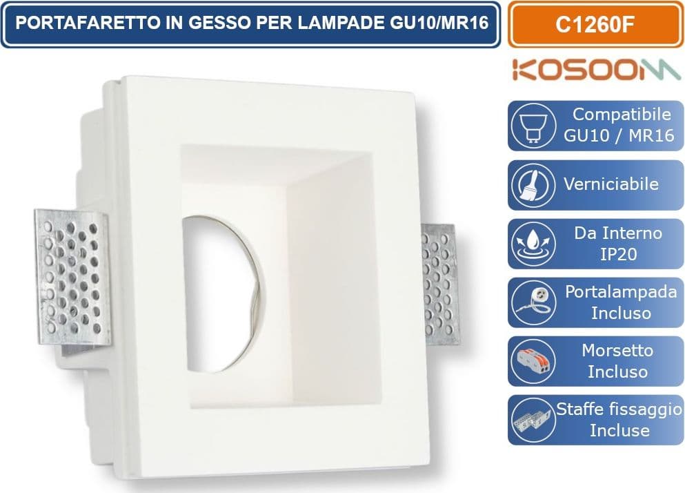 KOSOOM C1260F PORTAFARETTO QUADRATO DA INCASSO IN GESSO VERNICIABILE PER LAMPADINE GU10 MR16 - 2