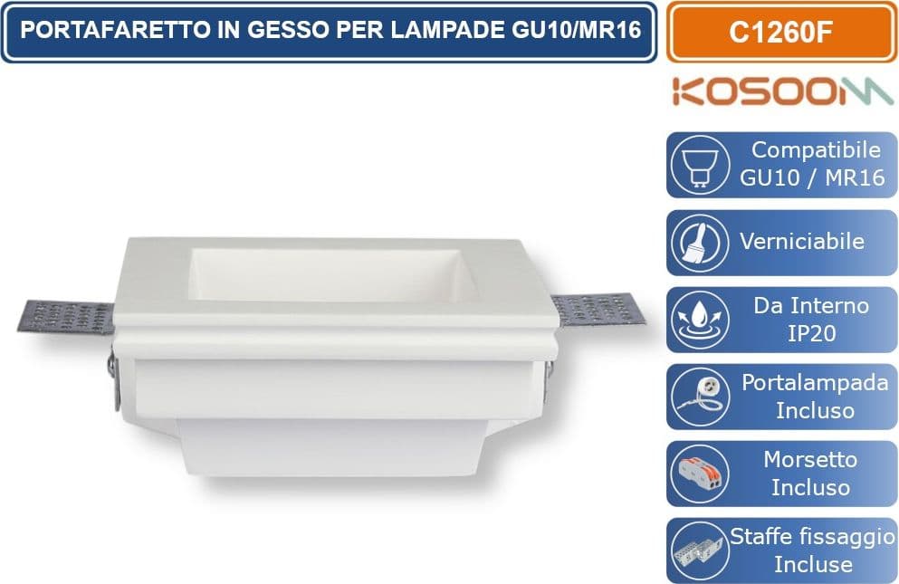 KOSOOM C1260F PORTAFARETTO QUADRATO DA INCASSO IN GESSO VERNICIABILE PER LAMPADINE GU10 MR16 - 4