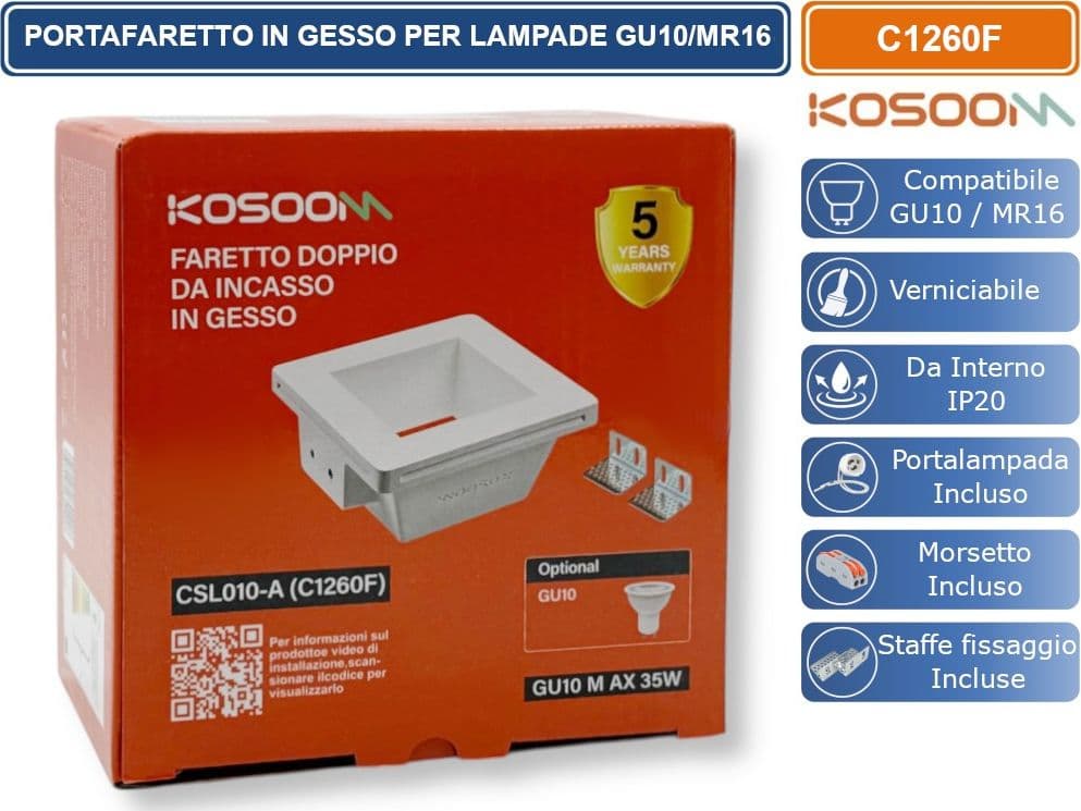 KOSOOM C1260F PORTAFARETTO QUADRATO DA INCASSO IN GESSO VERNICIABILE PER LAMPADINE GU10 MR16 - 5